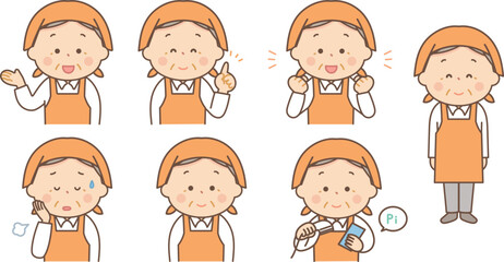 エプロン姿のシニア女性表情セット