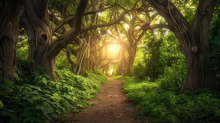 Naklejka premium A beautiful fairytale enchanted forest with big trees and great vegetation