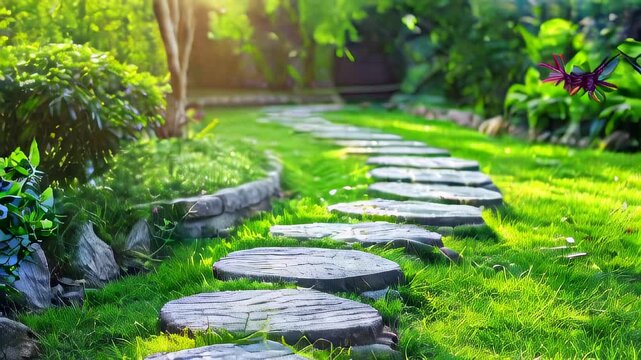 Serene garden path made of stone steps amid lush greenery