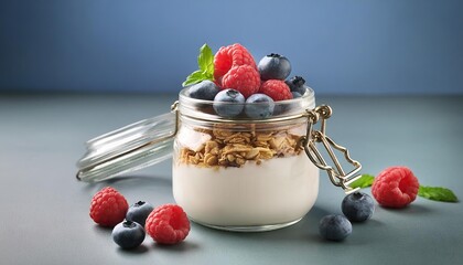 yogurt with raspberries, blueberries and granola in a glass jar