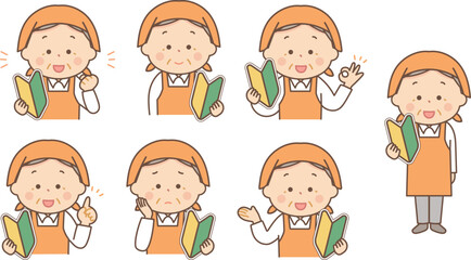 初心者マークを持っているエプロン姿のシニア女性表情セット