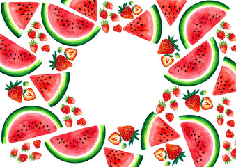 Round frame of strawberry and watermelon berries. Strawberries have leaves. Slice watermelon into semicircles and triangles. Watercolor. Different shades of red, green. White background, copy space.