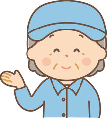 案内をする作業服のシニア女性