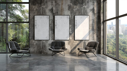 Industrial living room with gray furniture, artistic decor, and natural lighting.