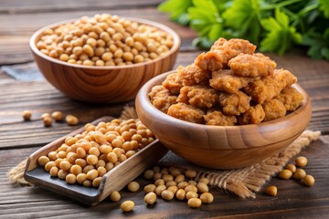 fried soy meat next to soya bean. Vegetarian diet