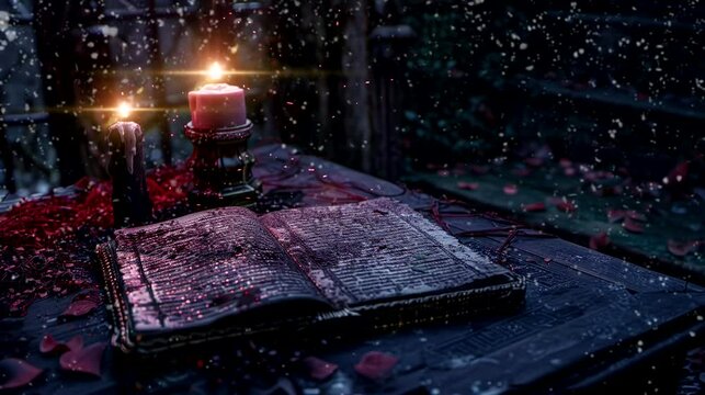 the Halloween decorations, you find an old, dusty journal with cryptic entries about a rooftop curse. seamless looping time-lapse virtual 4k video animation