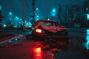 Obraz premium A nighttime car accident, with a mangled car parked on the road, reflects a sad and dramatic time.