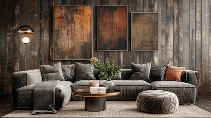 Industrial living room with gray furniture, rustic decor, and large windows.