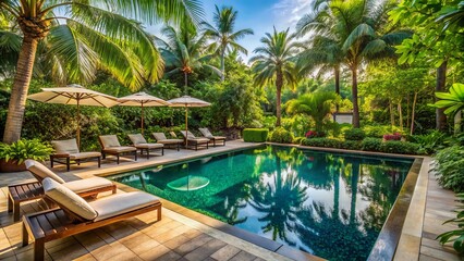 Luxurious serene pool area surrounded by lush tropical greenery and elegant patio furniture at a high-end resort amenities.