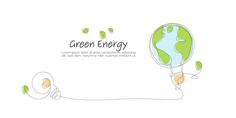 Light Bulb and Green Earth. Continuous line art drawing. Sustainable of Green Energy concept concept.  Line art vector illustration.