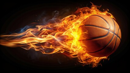 Flaming basketball soaring through the air, casting a fiery glow on a dark, isolated black background, radiating intense passion.