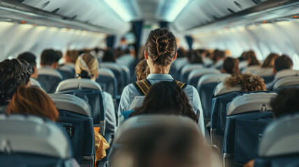 Fototapeta premium Photo A flight attendant demonstrating safety procedures to passengers before takeoff, ensuring everyone is prepared for the flight