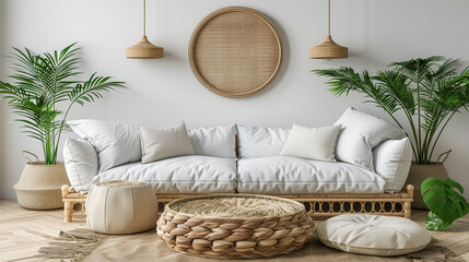 Bright living room with white furniture, rustic decor, and natural lighting.