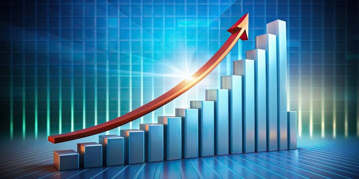 Upward trending 3d bar graph with arrow soaring above, symbolizing exponential financial growth, revenue increase, and profitable success in a thriving market environment.