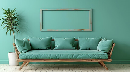 Minimalist living room with turquoise sofa, modern decor, and wooden flooring.