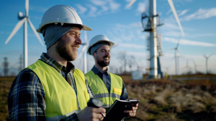 Photo of Electrical engineer planning wind turbine repair with team, realistic, closeup, joyful, canon r5 lens 85 F1.4 L