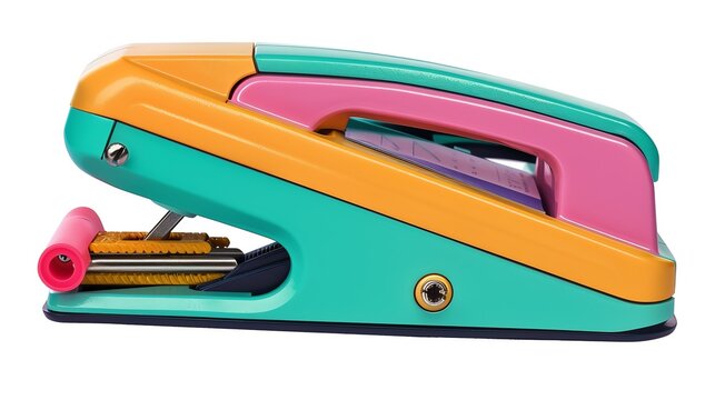 recommend clip art: Stapler clipart, cartoon style, vibrant colors, stationary element, isolated on white background