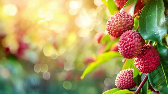Ripe, red lychees on leafy tree branch with sunlight