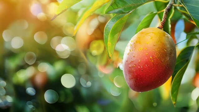 Ripe, dewy mango hanging from tree with green leaves in sunlight