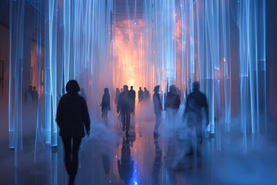 Group of silhouettes among blue neon light curtains - Powered by Adobe