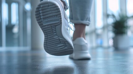 Fototapeta premium A person is walking on a white floor with a white shoe. Generate AI