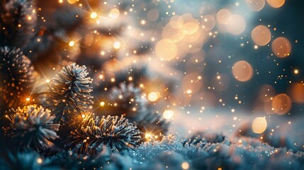 New Year card with fir branch, snow and holiday lights