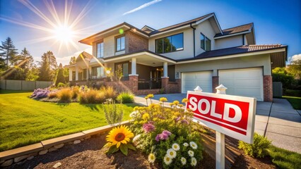Luxurious modern house with sold sign, flowers, and sunshine, conveying successful real estate transaction and new homeowner excitement.