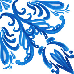 Azulejo ceramic tiles. Seamless pattern of traditional Italian majolica. Hand drawn watercolor blue pattern. Sicilian design print for fabric