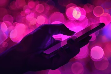 Fototapeta premium Hand using phone with pink background and bokeh