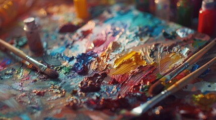 A painting with a variety of colors and brushes on a table. Generate AI