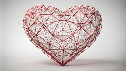 Geometric heart shape composed of interconnected lines and triangles in 3D wireframe rendering isolated on a white background digitally.