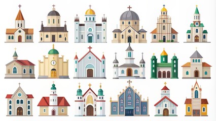 Fototapeta premium Comprehensive assortment of isolated church icons in flat design for web development, showcasing various religion architectures on white background.