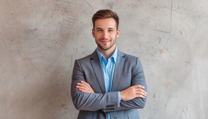 Portrait of happy businessman against concrete wall 