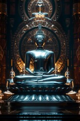 Obraz premium Buddhist statue of Buddha set against a black background, creating a serene and spiritual religious pattern.