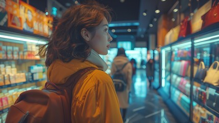 Obraz premium Young woman in yellow jacket shopping. Young woman wearing a yellow jacket with a backpack explores a brightly lit store, looking at products with curiosity.