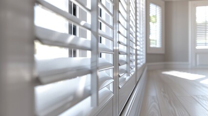 White painted solid wood louvered wardrobe doors close up into louvers. White painted modern interior. Generative AI.