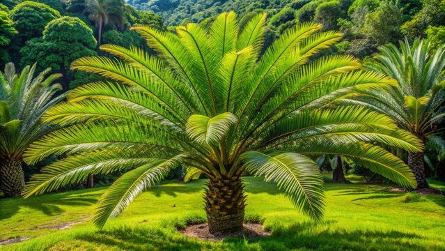 Tropical Cycas revoluta sago palm with feathery leaves and thick trunk stands alone in serene lush green landscape of Arraial da Ajuda Brazil.