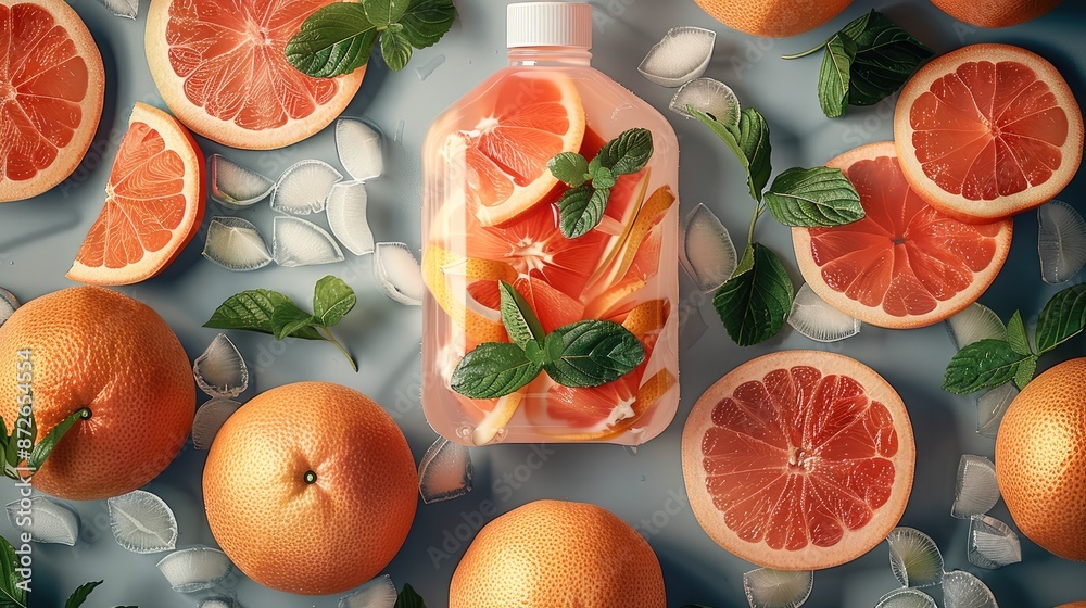 Poster Top view of grapefruit juice in a transparent Pouch surrounded in the style of grapefruits sliced and mint leaves, fresh grapefruits scattered around. Generative AI.