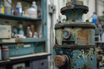 Fototapeta premium A closeup shot of a worn and weathered lab equipment, showing the years of use and the dedication of countless scientists who have used these tools