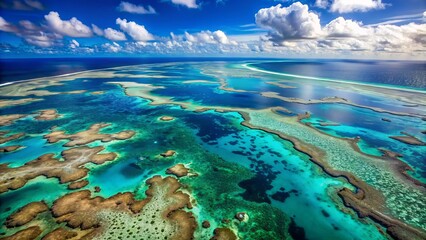Breathtaking aerial landscape of vibrant turquoise coral reefs and islands scattered across the Coral Sea off Queensland's Australian coast.