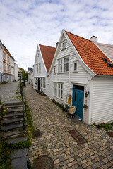 Peaceful old town alley lined with cobblestones in Bergen, Norway