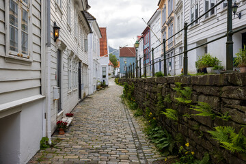 Peaceful old town alley lined with cobblestones in Bergen, Norway