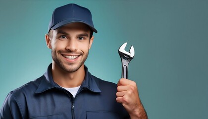  Smiling plumber man holding a adjustable wrench in his hand on colored background with copy space. Banner template for the site of plumbing services