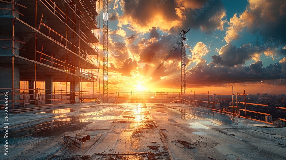 Poster modern concrete and steel building construction site in open space, flat space, sunset. generative a