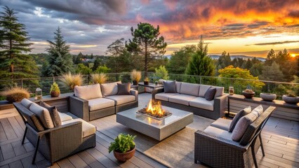 Cozy grey outdoor furniture arrangement surrounds a warm fire pit on a serene residential terrace at sunset horas.