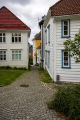 Peaceful old town alley lined with cobblestones in Bergen, Norway