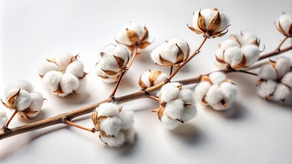 Delicate white cotton branch blossoms with soft fluffy textures against a pristine white background, perfect for spring or Easter designs.