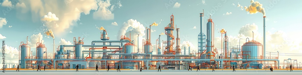 Poster composition with a chemical plant and managers and operators. white line design on a light blue and 