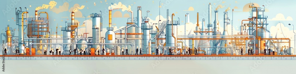 Poster composition with a chemical plant and managers and operators. white line design on a light blue and 