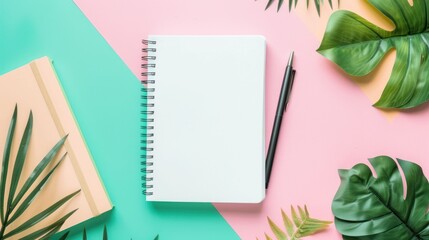 Closed spiral notebook with pen and leaves nearby